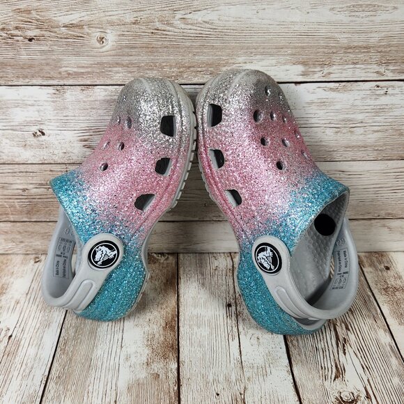 CROCS Toddler Baby 6C 6 Ombre Blue Pink Silver Glitter Slip On Clog Sandal Shoes - Picture 6 of 9